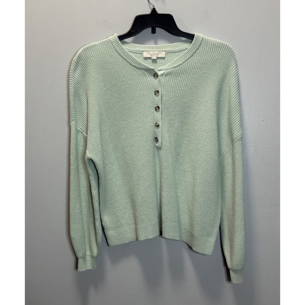 Loft Women's Sweater 100% Cotton Henley Pullover‎ Ribbed Green Size XXL